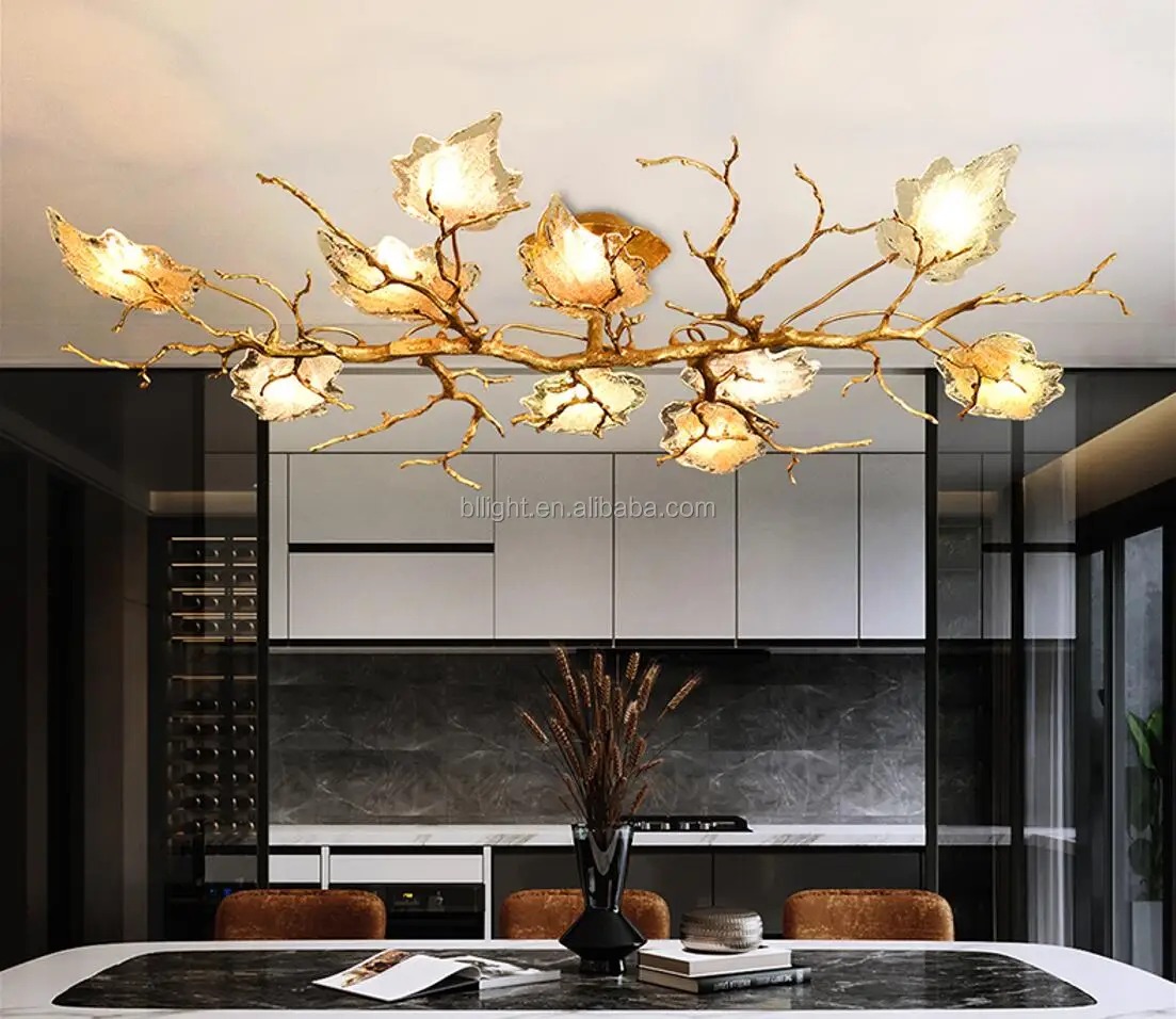 Light luxury chandelier living room lamp creative simple Brass glass maple leaf decoration bedroom dining room crystal lighting