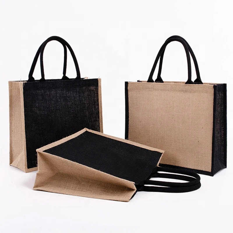 Eco friendly black jute material grocery tote reusable shopping bags with customized logos
