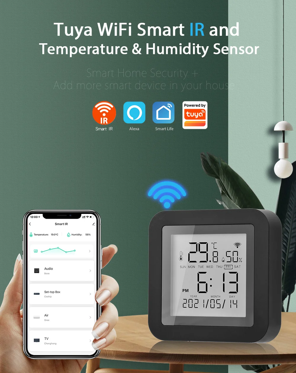 Zemismart 3 in 1 Tuya WiFi IR Remote Control T&H Sensor with LCD Screen Display for Air-con TV Box DVD Alexa Google Home Control