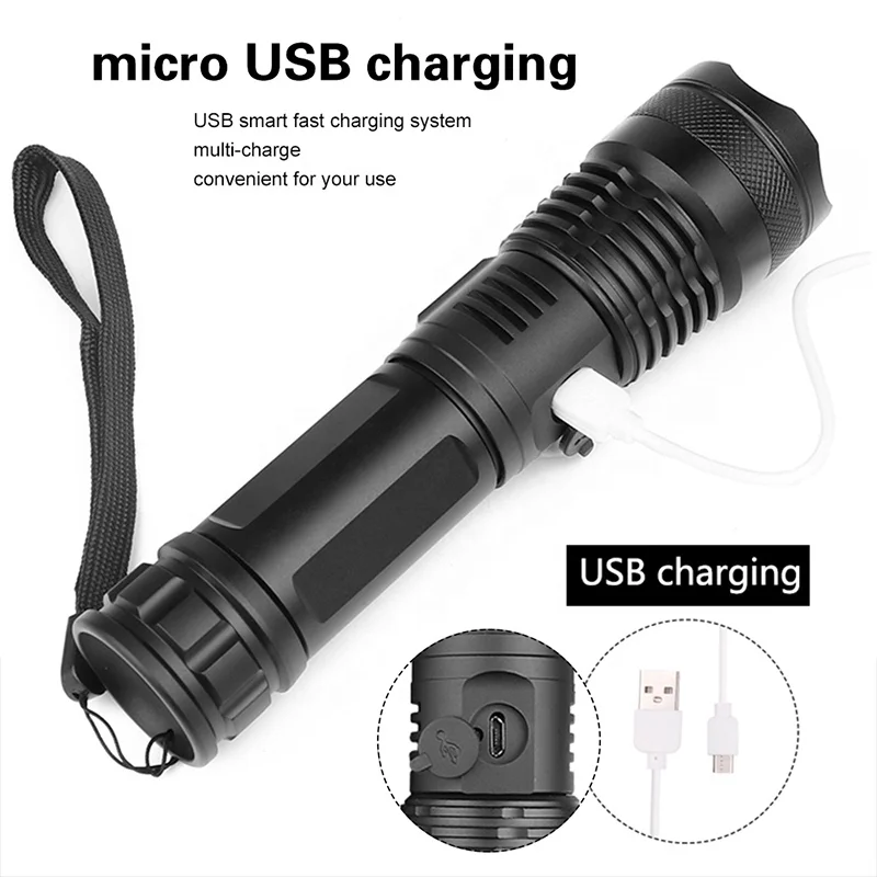 Factory Wholesale XHP50 led Flashlight Rechargeable Zoomable 18650 26650 Camping Mini High Power Handheld Torch Light Lamp