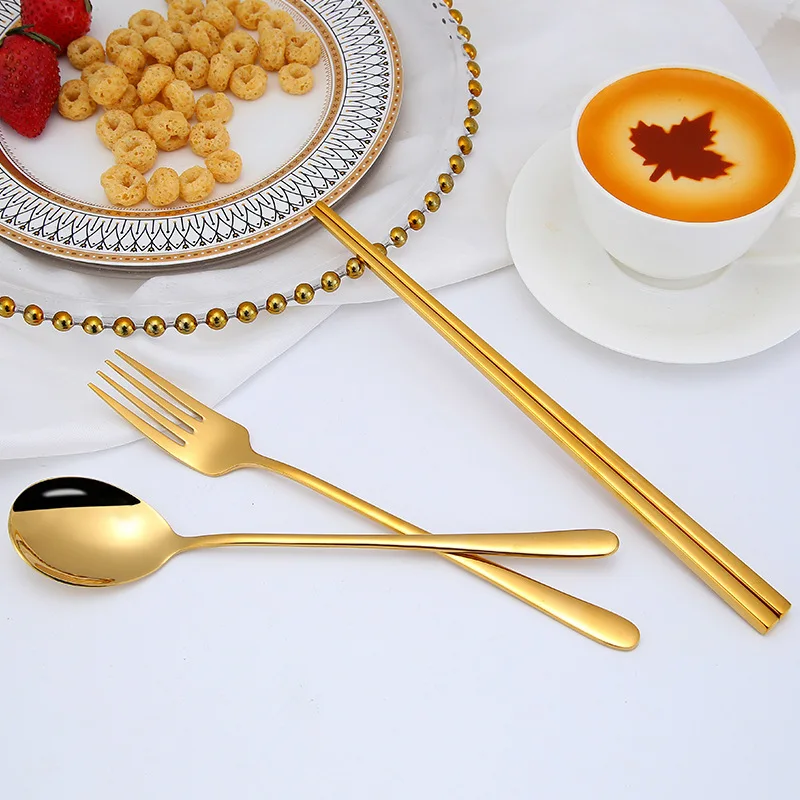 
New Korean Style 304 Stainless Steel Flatware Metal Travel Portable Spoon And Fork Chopsticks Sets 