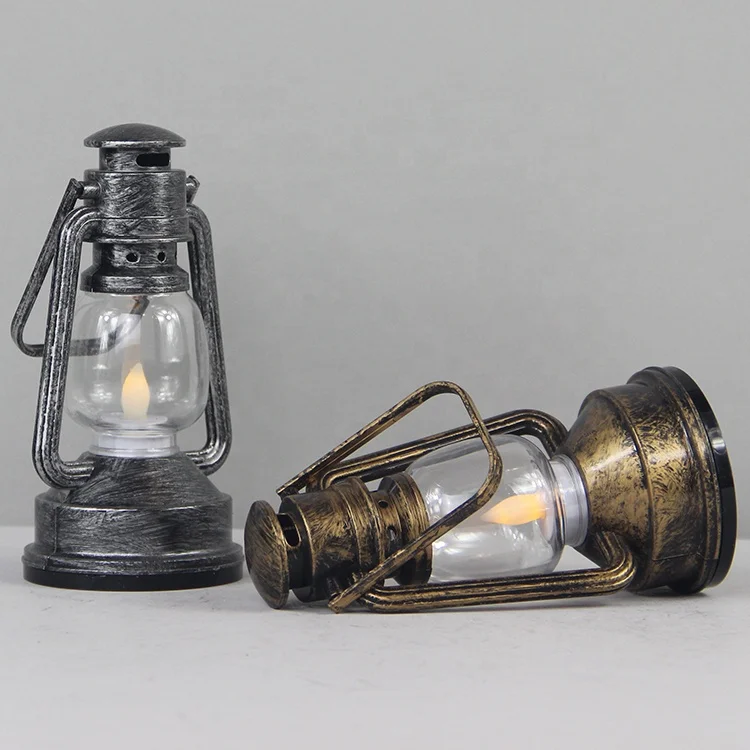 Halloween Christmas Decor Vintage Metallic Painted Plastic Hanging Oil Mini LED Lantern With LED Tea Light Candle