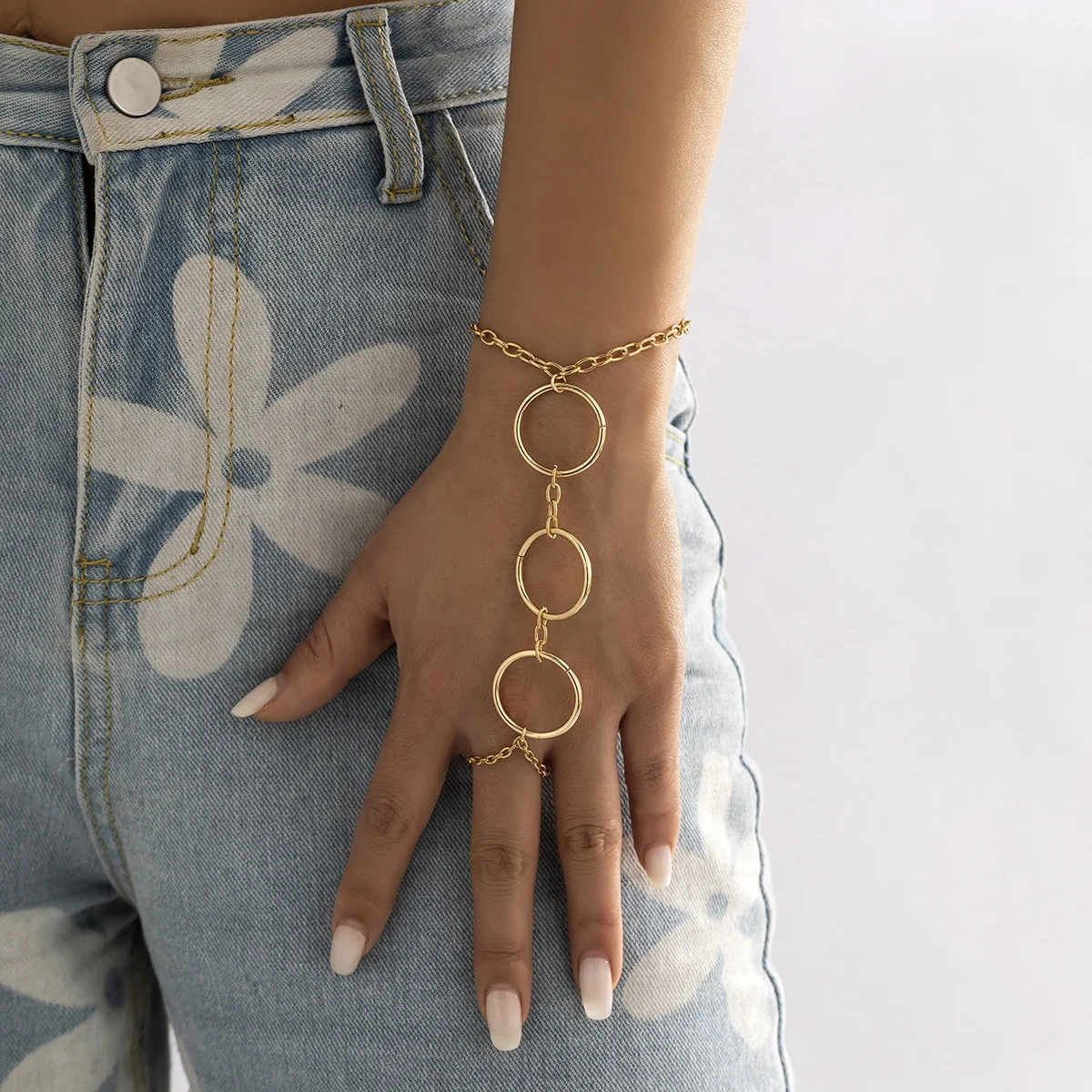 Punk style geometric ring hollow finger bracelet personality simple metal chain bracelet