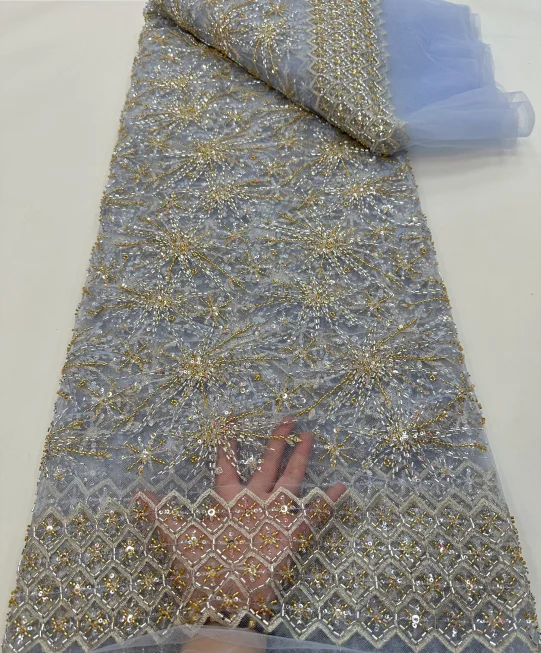 Heavy Lace fabric for wedding dress custom designs No MOQ 3d embroidery tulle tube beraded Sequin fabric