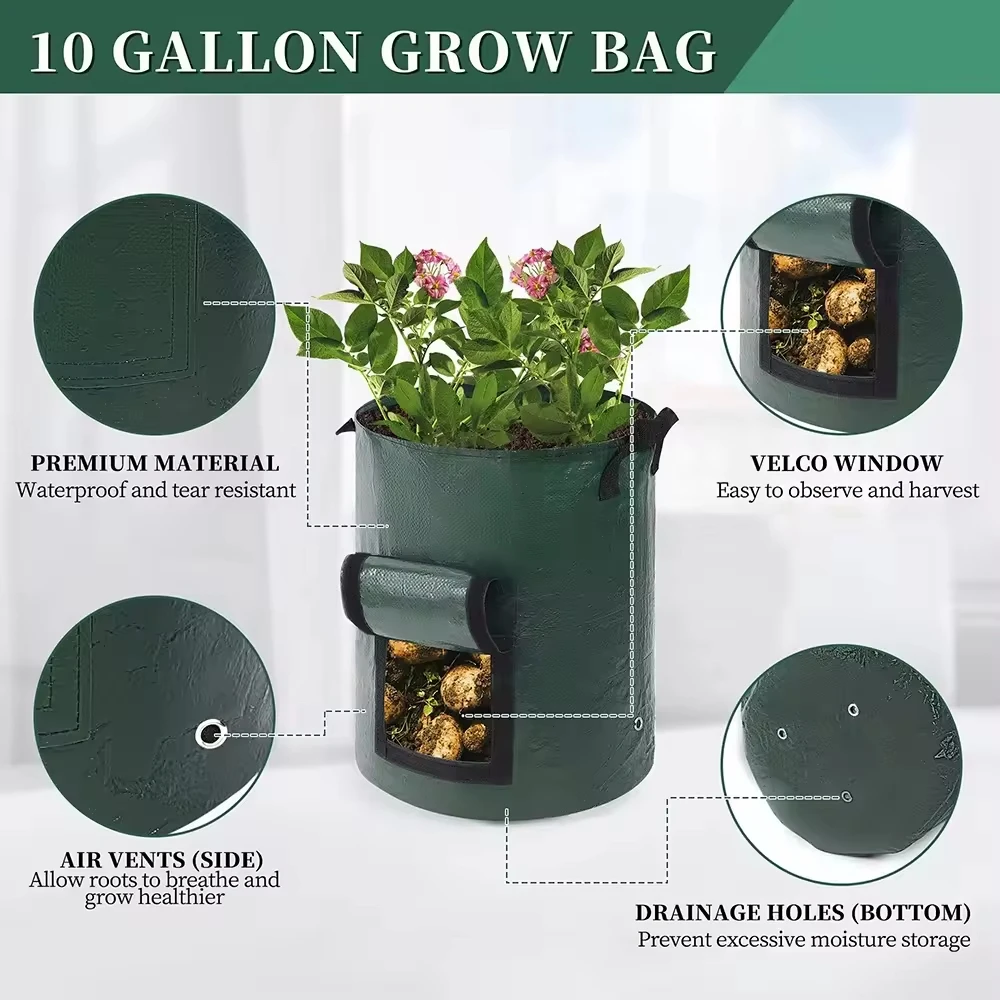 Potato Grow Bags 4 Pack 10 Gallon with Flap and Handles Planter Pots for Onion Fruits Tomato Carrot - Green