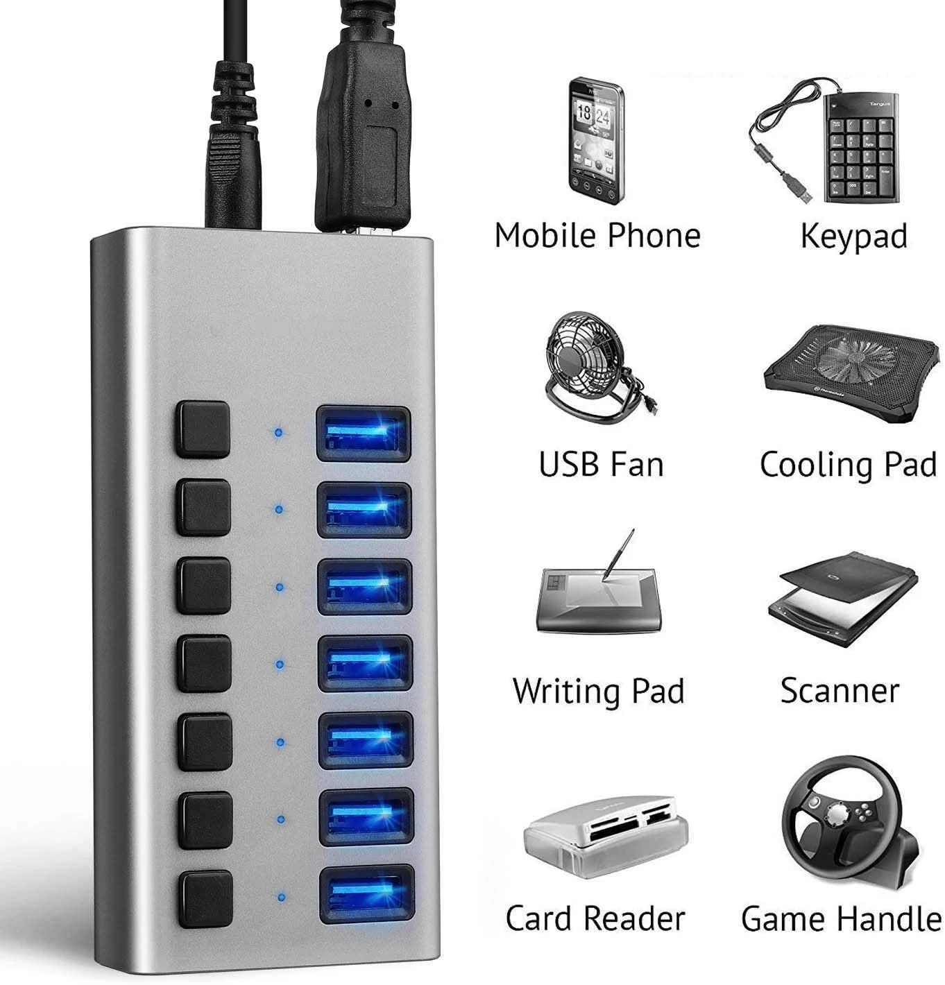 12V 3A Multiport USB Splitter Factory Price 7 Port USB 3.0 Hub with Individual Power Switches for Mac