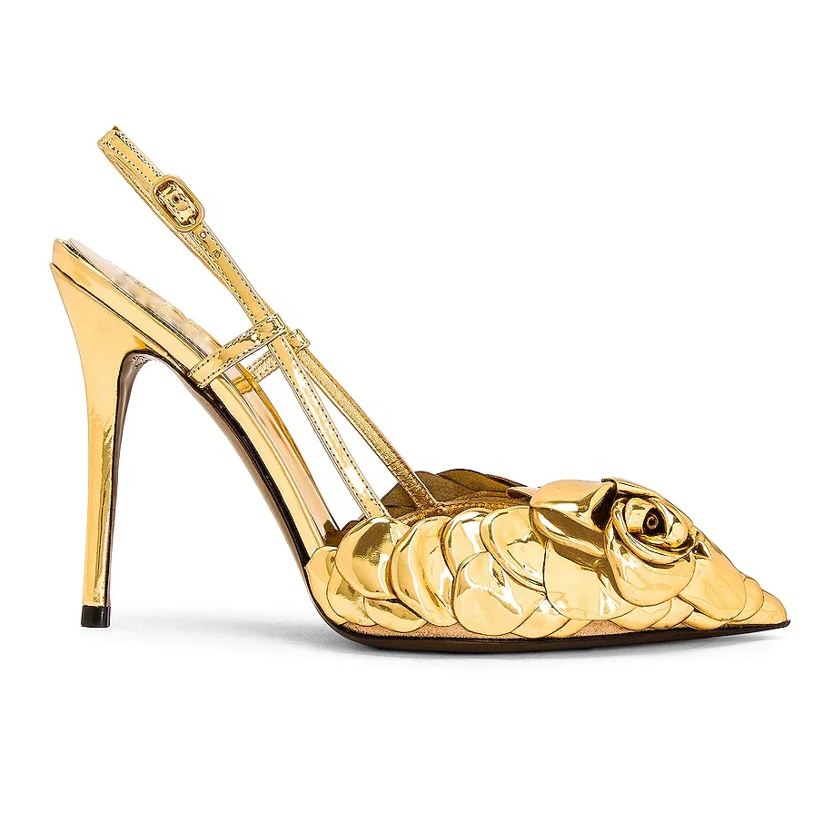 New Collection Shiny Gold Flower Pointed Toe High Heel Ladies Pumps