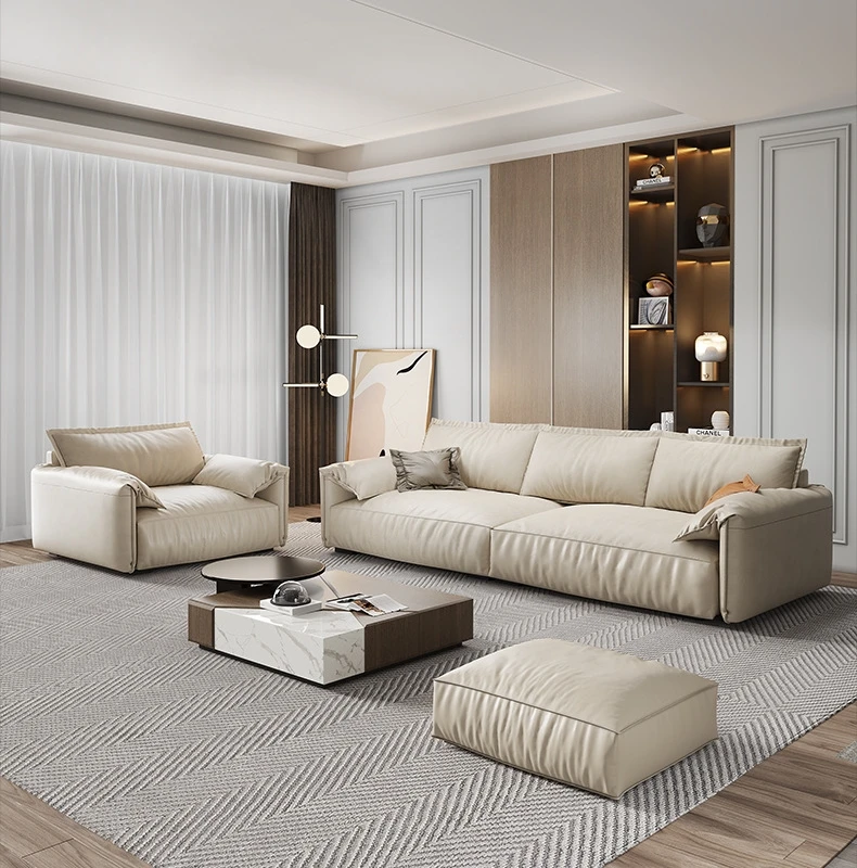 Italian minimalist cowhide sofa furniture set modern light luxury leather art living room L-shaped sofa elephant ear sofa set