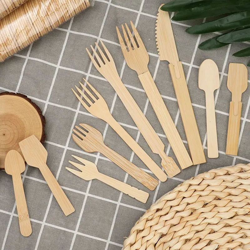 Factory Custom Logo Biodegradable Disposable Tableware Eco Friendly Bamboo Fork Spoon Knife Bamboo Cutlery set