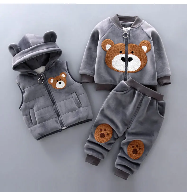 Cartoon Bear Logo Printed Winter Warm Thickened Kids Clothing Set Hooded Suit for Baby Boys Girls Cotton Fabric Spring Autumn