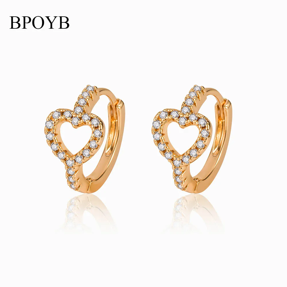 BPOYB Factory Wholesale Bangkok 18k Gold Plated High Rating Bridal  Cute full Crystal Copper Alloy Female Cz Mini Heart Earrings