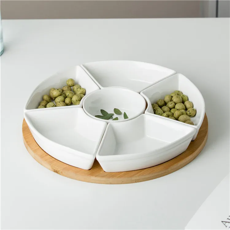 Dinnerware restaurant plate sets cheap 6 compartment round divided ceramic dishes plates with bamboo base