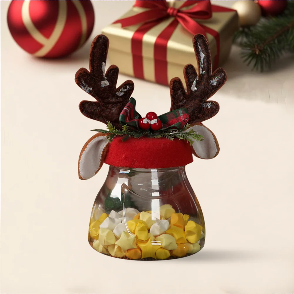 CXWN Christmas Clear Plastic Candy Favor Jars and Cookie Jar Container Round Wide Mouth with Reindeer Lid for Table Decoration