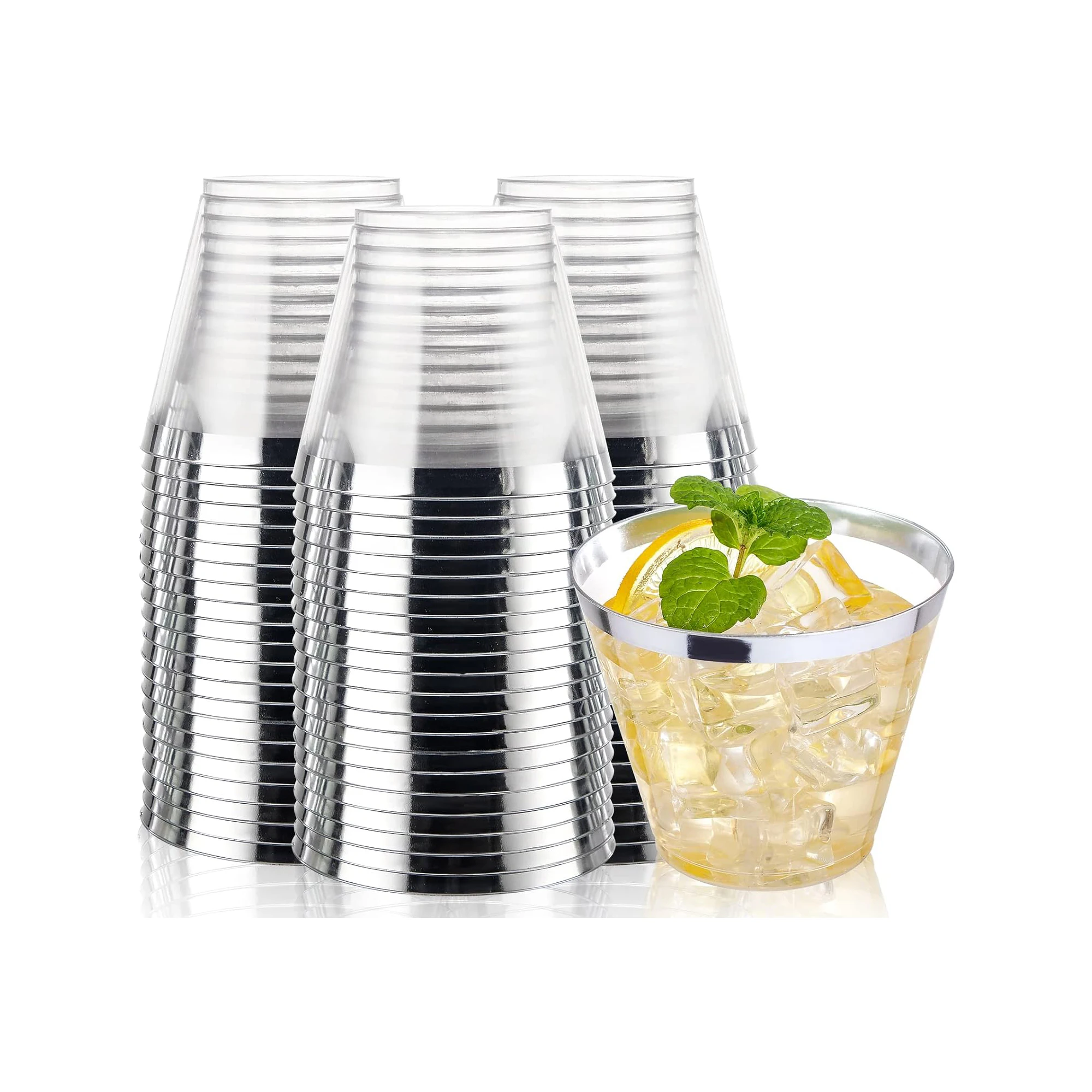 Tumblers Wholesale Bulk 9oz 10oz 12oz Clear with Silver Rim Plastic Disposable Cups Fancy  Cocktail Cups for Parties