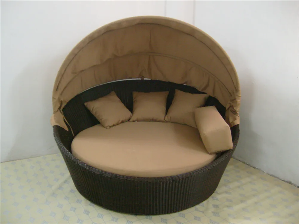 Outdoor furniture swimming pool beach aluminum rattan round leisure sunbed with awning