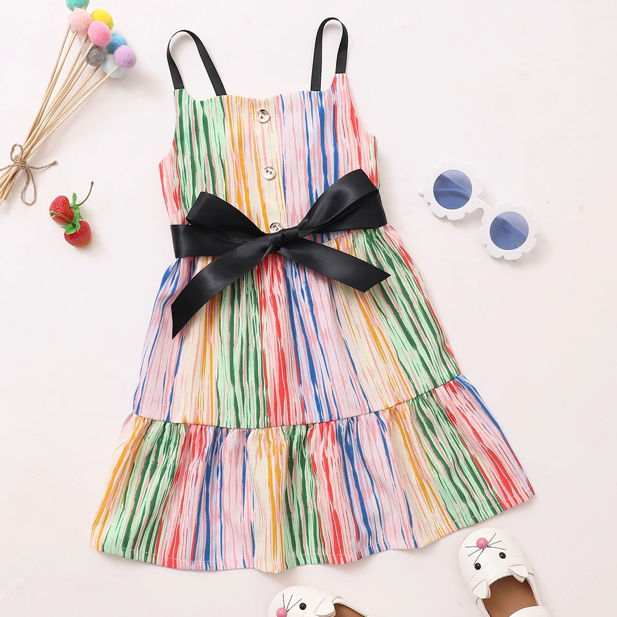 
Kids Baby Girls Summer Off Shoulder Striped Bow Knee-length Dress Buttons Toddler Children Fashion Clothes 2-7Y 