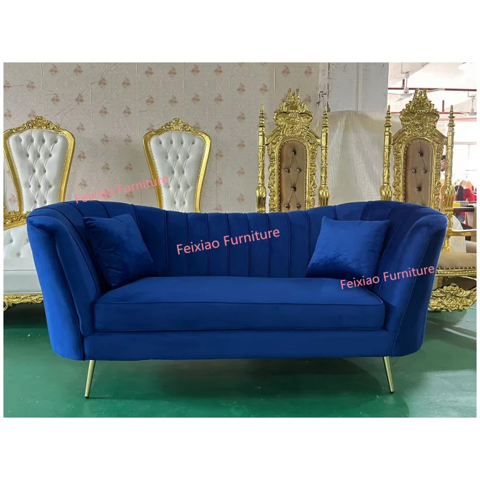 Modern Hotel Party Wedding Events Furniture Blue Velvet Cushion Stainless Steel 3 Seater Dining Sofa