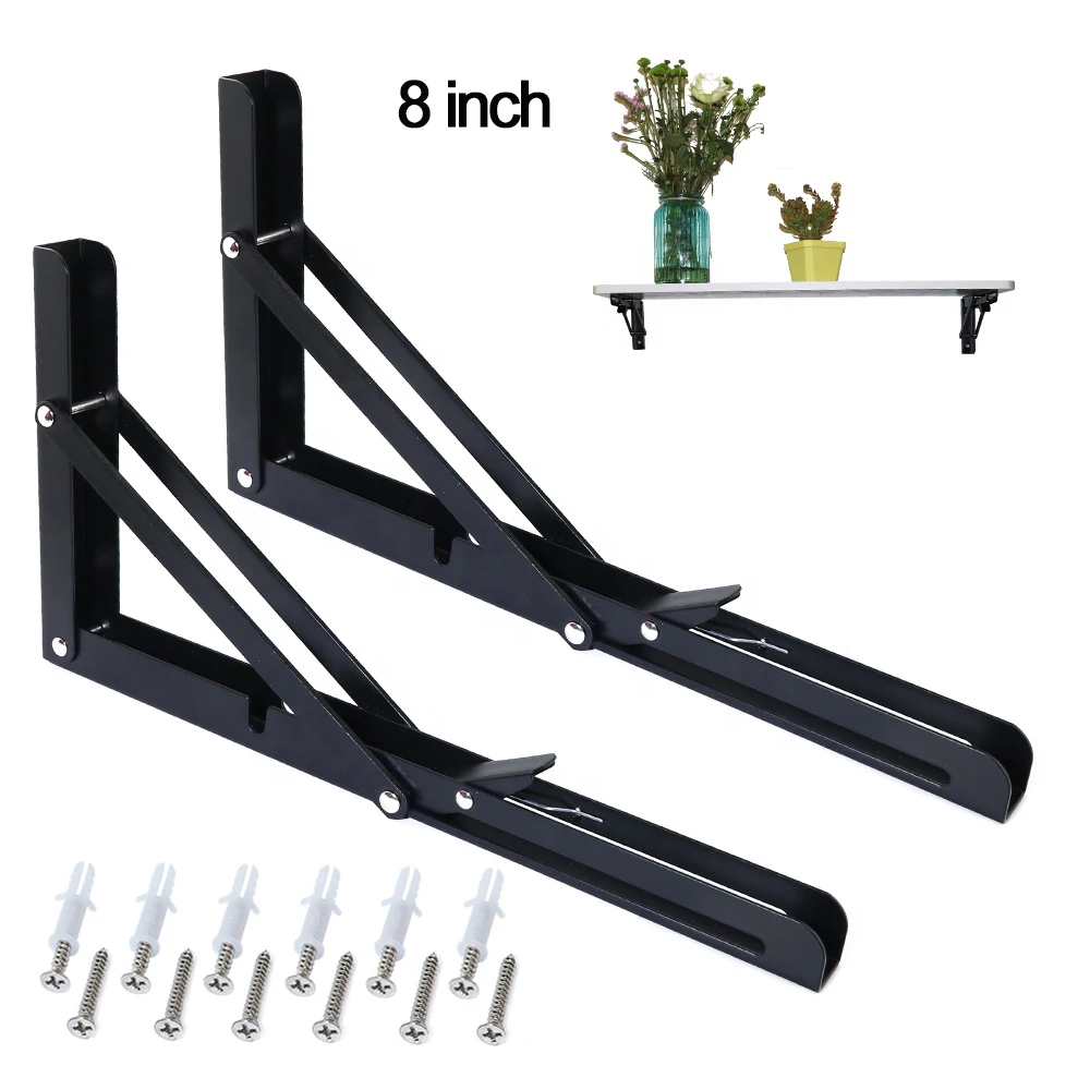 
A Pair 2 pcs 8-inch Black L Foldable Shelf Angle Cleat Bracket with 6 Self-tapping and 6 White Plastic Expansion Screws 