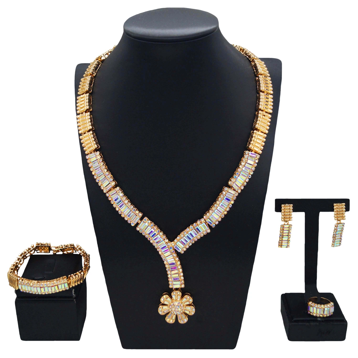 Flower Fashion Wholesale Bridal Jewelry Set Colorful Rhinestone Zircon Jewelry Set High Quality Simple Four-piece Jewelry Set