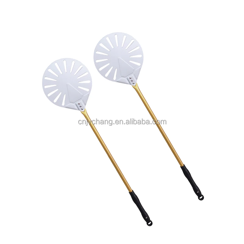 Professional Anodized Aluminum Round Turning Pizza Peel Shovel Perforated Golden Colorful Handle Pizza Oven Baking Tools