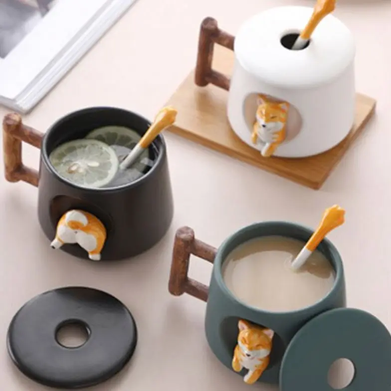 High Quality Custom 420ml Cute Cartoon Office Ceramic Coffee Shiba Inu Mug With Lid And Spoon Gift