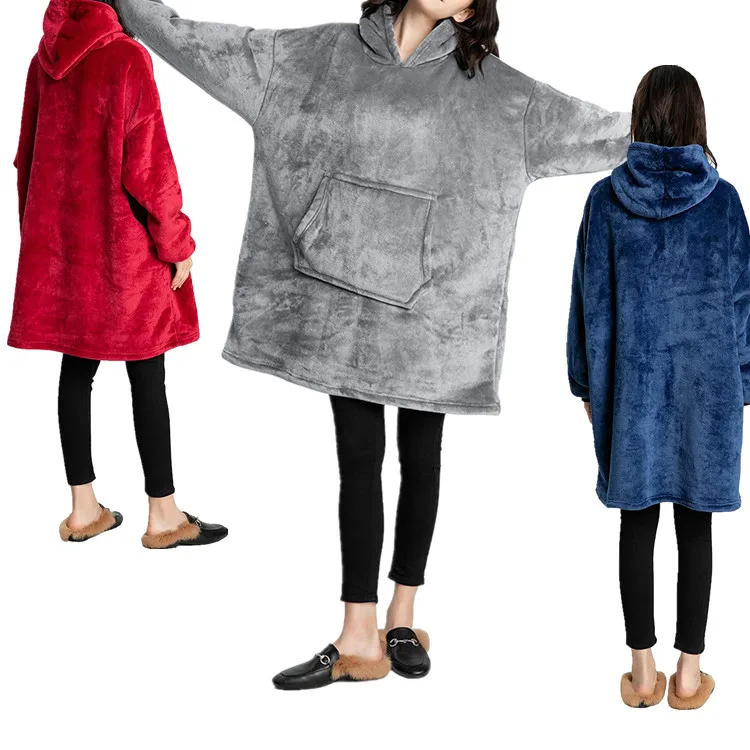 Super Soft Warm Cozy Wearable Oversized Plain Sherpa hoodie Blanket Sweatshirt with sleeves & pocket