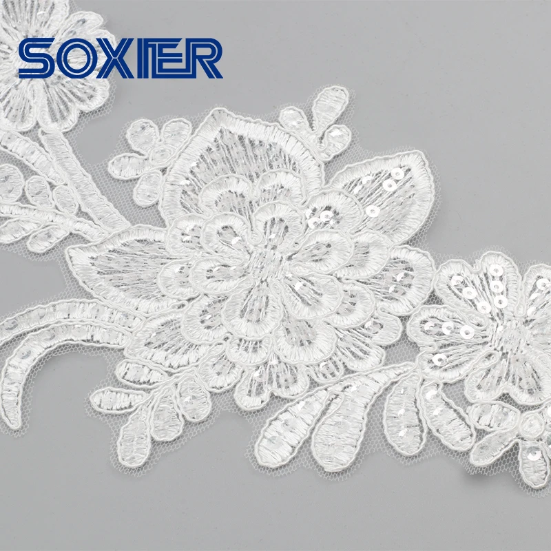 High quality Luxurious Beaded Applique with Sequins 3D Flower Lace Embroidered Fabric