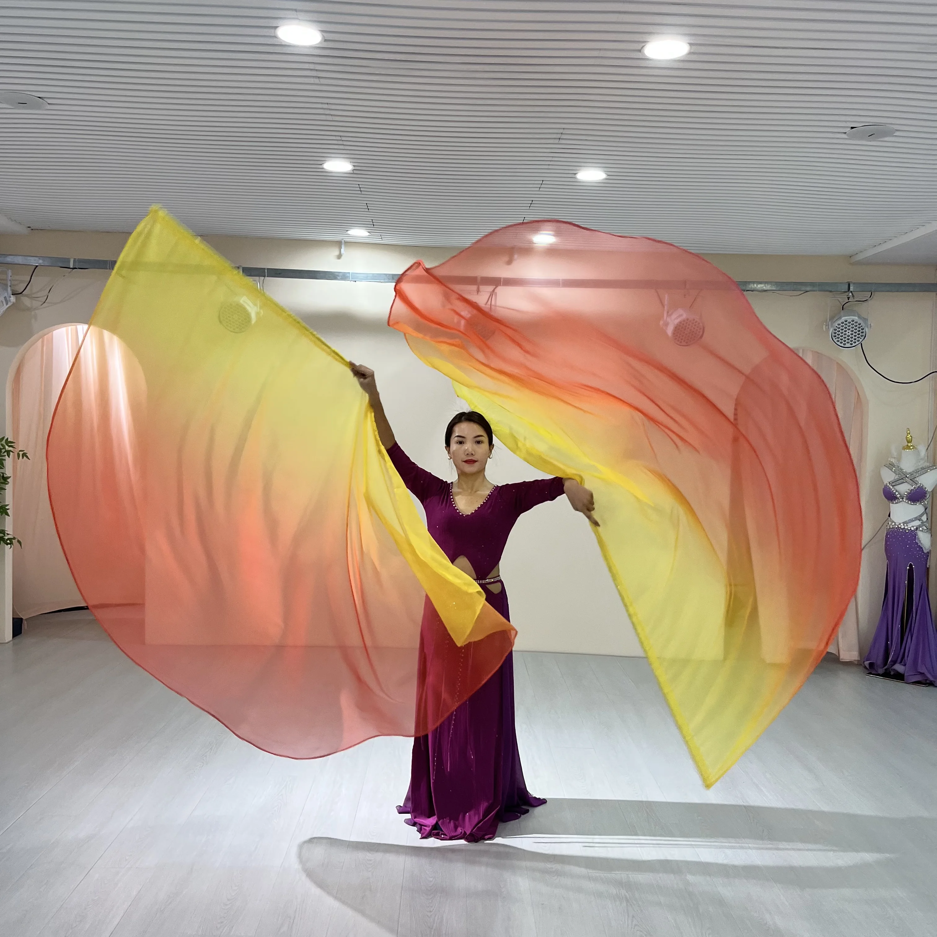 Women Performance Props Long Practice Fans Flag Chiffon Colorful Scarf Belly Dance Veil