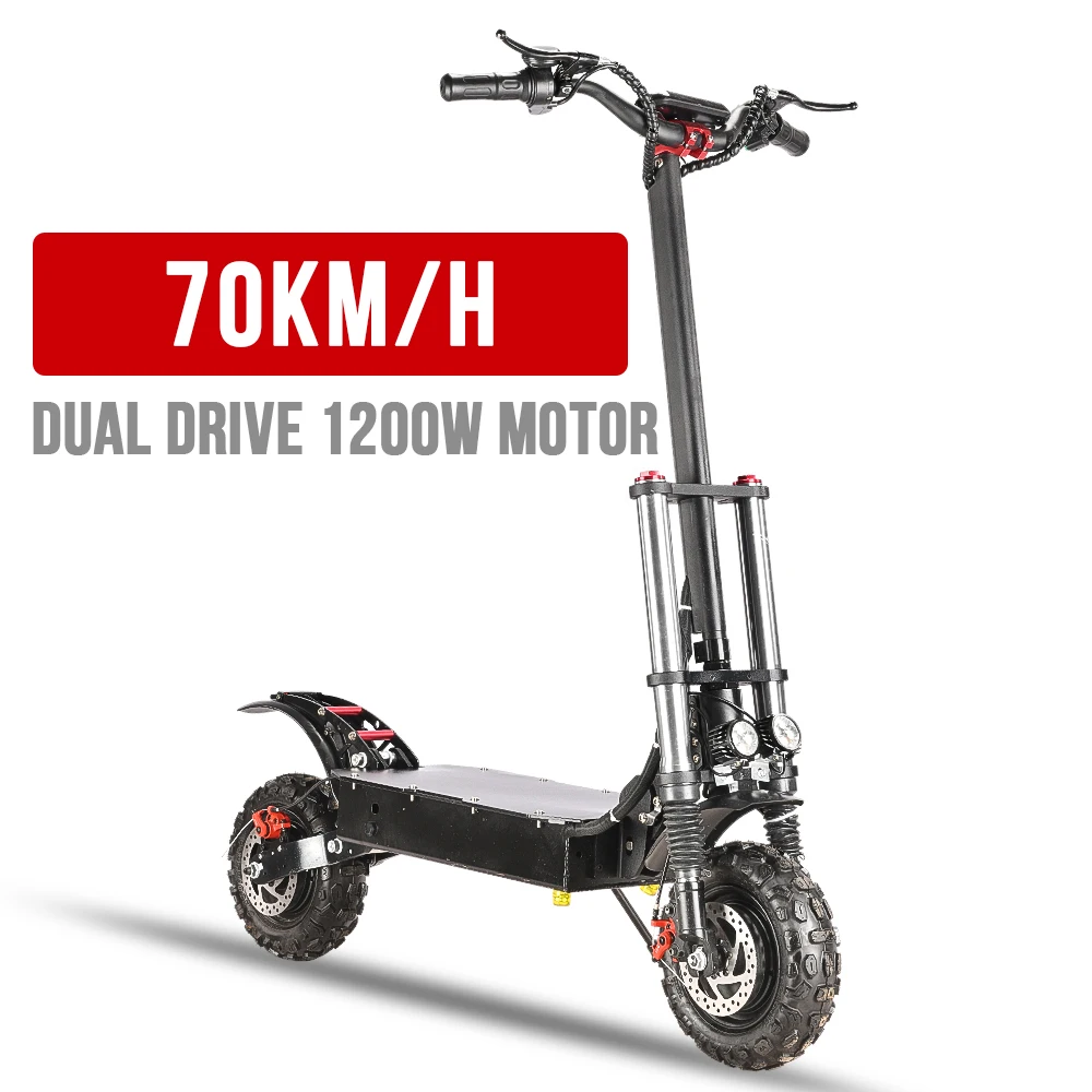 New high-duty top speed 70KM/H customizable 11-inch double-drive  brushless motor 1200W adult electric fast scooter