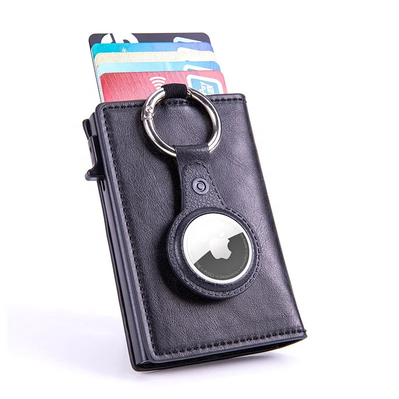 Factory Wholesale Airtag Anti-theft Wallet Leather RFID Blocking Automatic Pop-up Real Leather Card Holder Wallet with Airtag