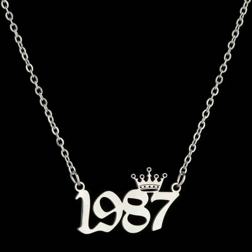 Silver Titanium Jewelry Birthday Gift Personalized Digital Pendant Stainless Steel Year Crown Necklaces for Women Girl 1980-2019