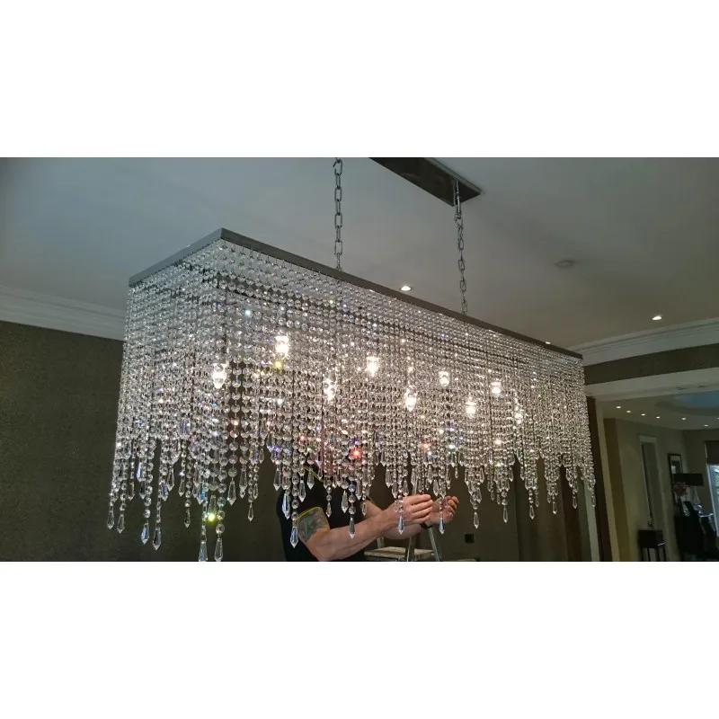 Led Rectangle Dining Table Pendant Light Modern Home Decorative Hanging Lights Luxury Silver Crystal Tassel Chandelier Wedding