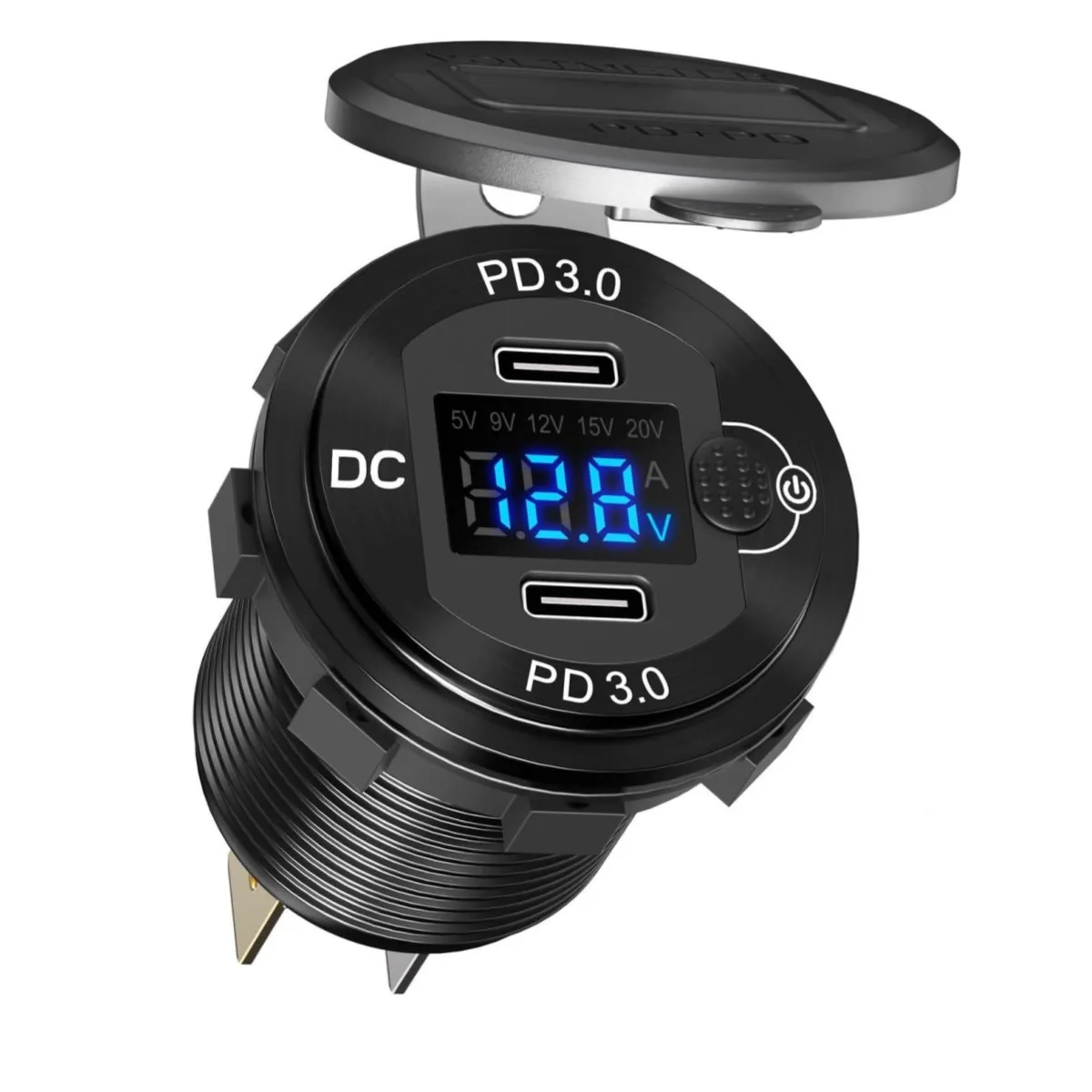12V/24V  Dual USB-C  PD charger  outlet with voltmeter  ammeter  and button switch for marine Boat RV Motorcycle Golf Cart