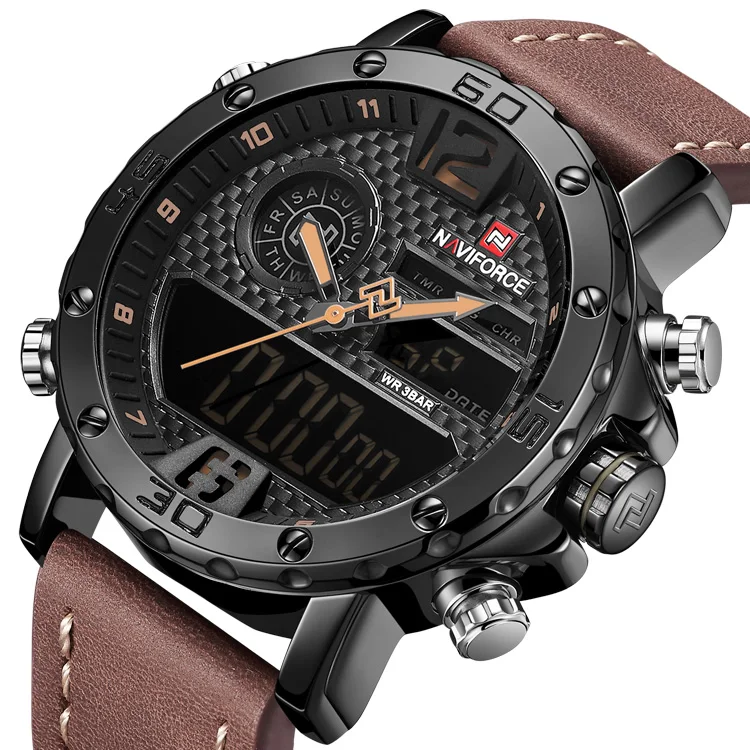 NAVIFORCE 9134 BOLBN Custom Log Quartz Analog LCD Digital Watch Men Wrist Double Display Luminous Waterproof Male Leather Reloj