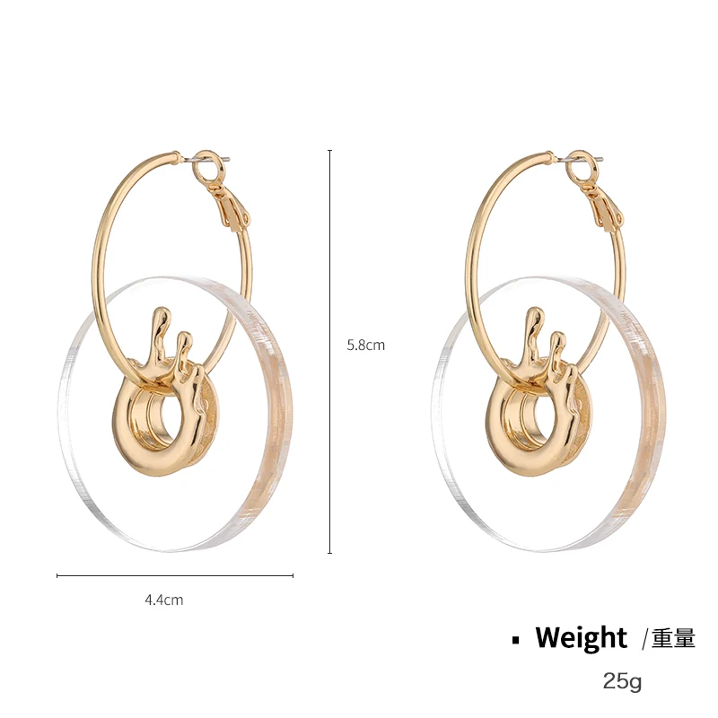Original Unique Design Women Fashion Jewelry Round Clear Resin Disk Hoop Earring With Gold Melting Metal