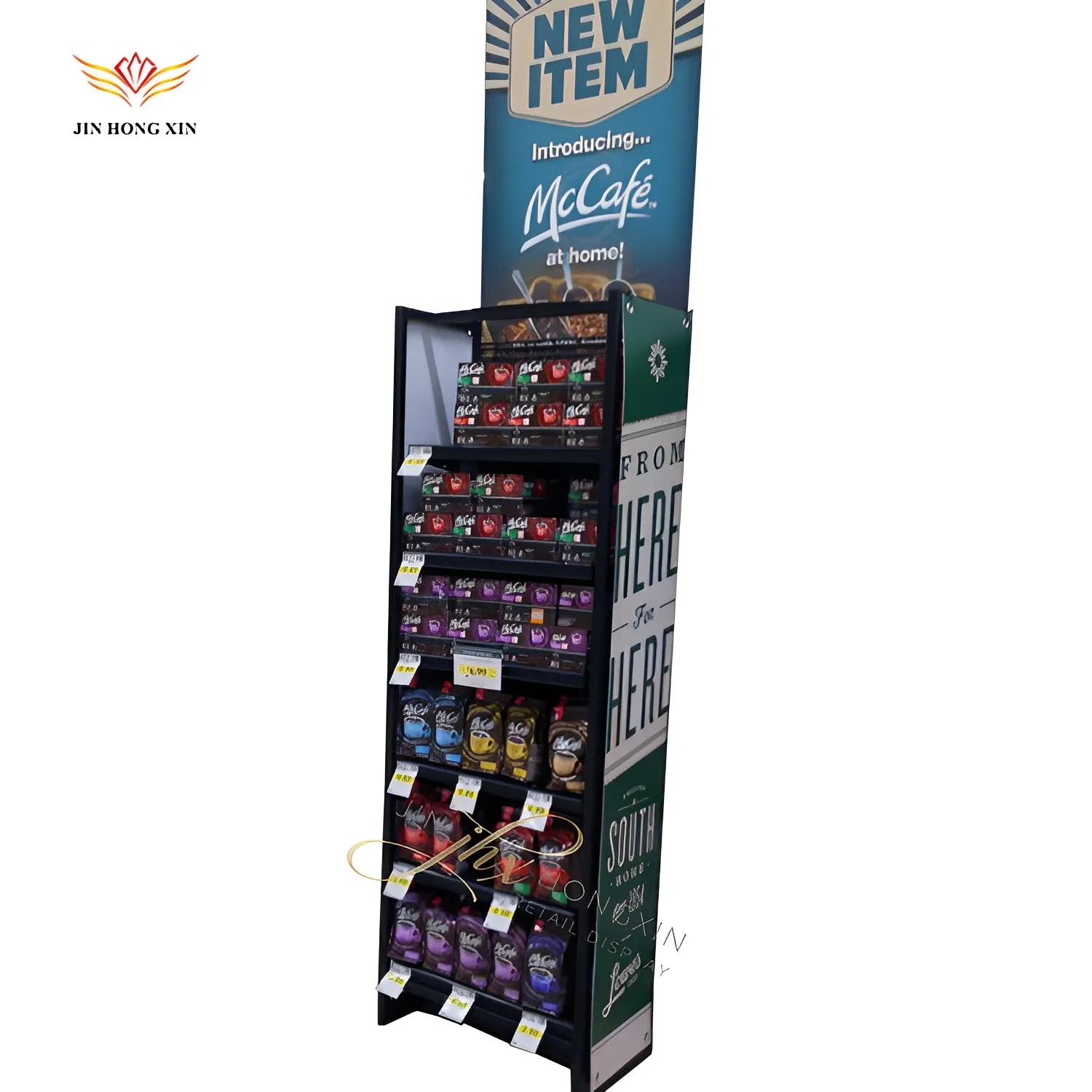 Double sided baskets shelf racks/free standing snack shelf/custom metal display rack for supermarket