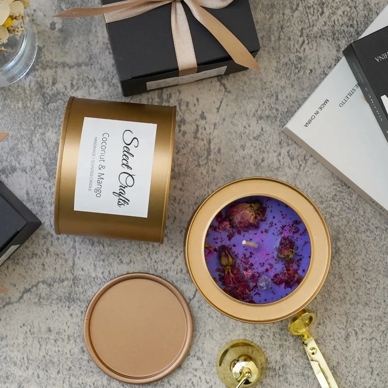 Wholesale Custom Handmade Ribbon Gift Box Luxury Dry Flower Crystal Infused Aroma Scented Tin Candles