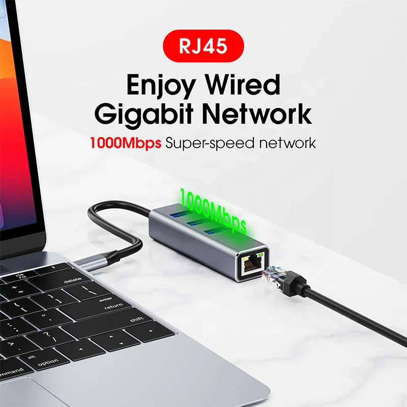 High Speed RJ45 Internet USB3.0 to 10/100/1000 Gigabit Type-C LAN Network USB C to Ethernet Adapter Hub for Window PC
