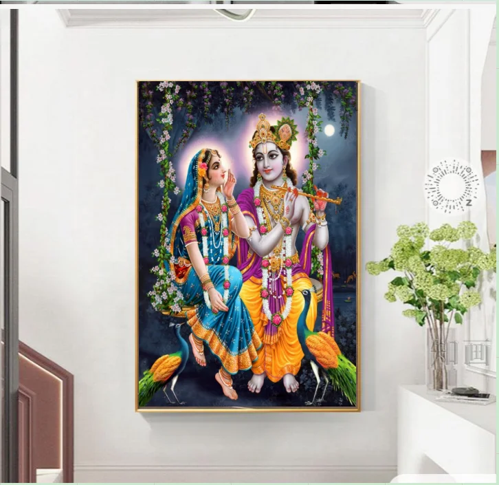 Custom crystal diamond painting wall art Radha krishna jhoola flower painting art poster god Dark Blue color painting photo