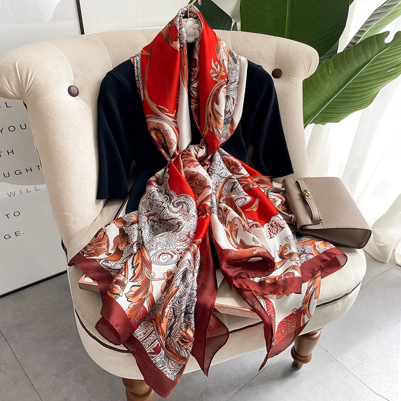 2022 Silk Scarf Women New Flower Pattern Fashion Shawl Long Spring And Autumn Scarves Dual-Purpose Wraps Female Outside Decorate