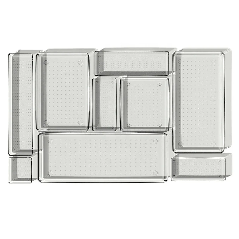 8 Size Clear Plastic Drawer Organizers Versatile Bathroom and Vanity Drawer Organizer Trays Storage Bins for Makeup Jewelries