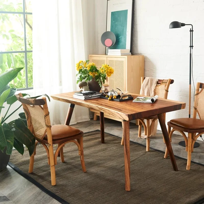 Lunlin Dining chairs for home use, Nordic solid wood small unit, modern simple retro rattan woven dining table, homestay
