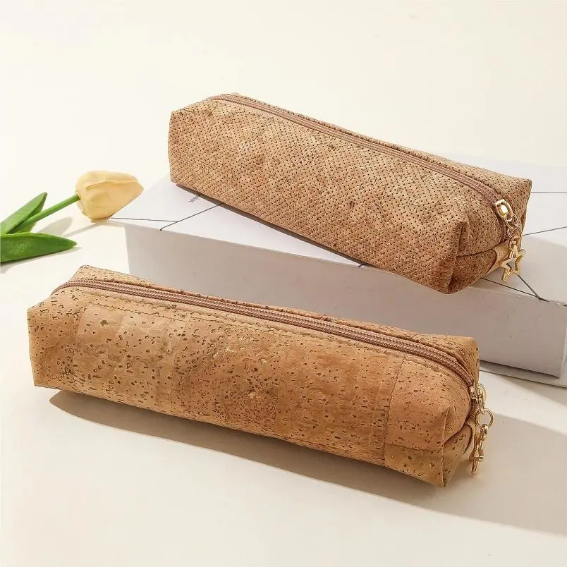 Factory Wholesale Vegan Leather Cork Multifunction Hand Pencil Case Office Stationery  Pen Bag Makeup Storage Bag With Zipper