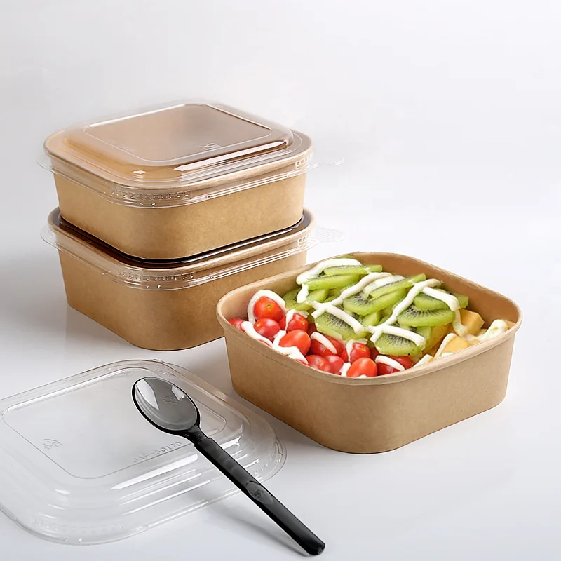 Eco Friendly Take Away Disposable Square Kraft Paper Bowl With Plastic Lid For Salad