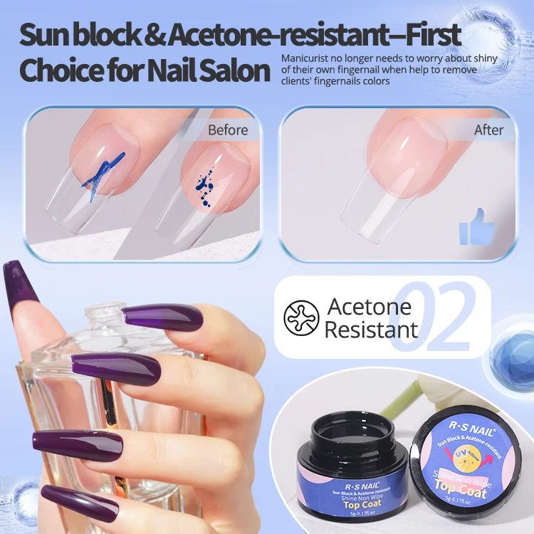 2024 Cheap Nails Suppliers Free Sample Gel Polish Nail Service Sun Block & Acetone-resistant 2 in 1 Shine Non Wipe Top Coat