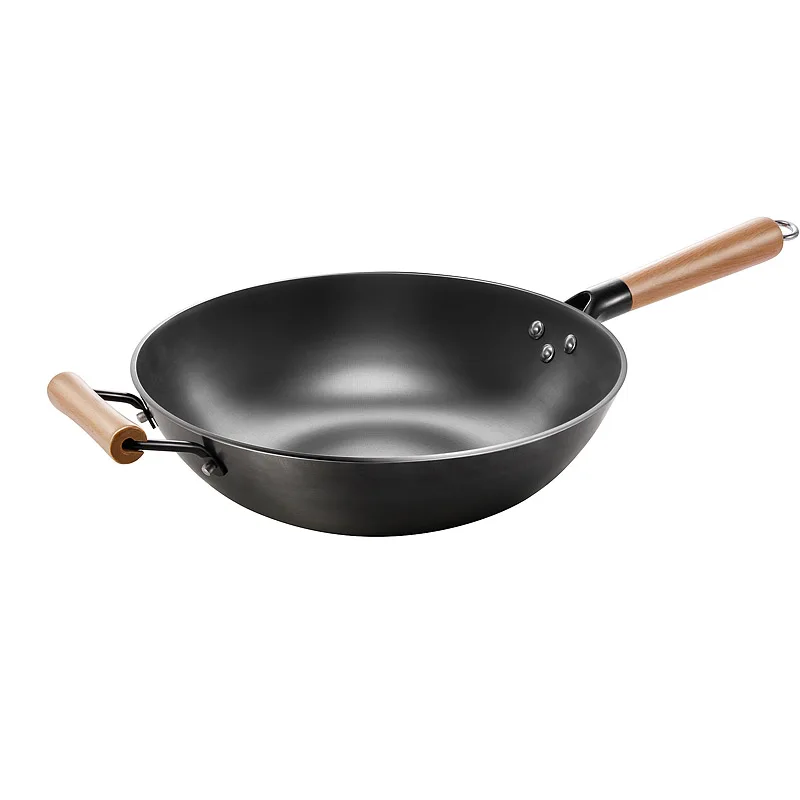 Light Weight Die-casting Non Stick Kitchen Cooking Wok Cast Iron Wok With Glass Lid And Wooden Handle