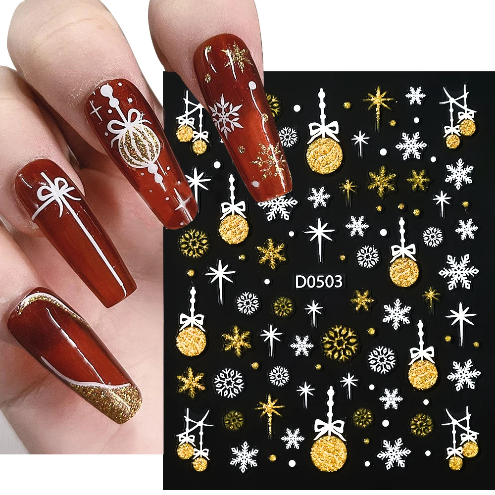 3D Christmas Nail Stickers 10*8cm Snowflake Flowers Pattern Nail Art Decals Laser Silver Gold Xmas Winter Sliders Nail Decals