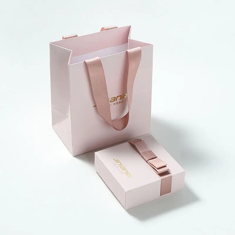 Pink Cardboard Shopping Paper Bags With Logos Custom Shoes Clothing Packaging Retail Craft Gift Paper Bag Ribbon