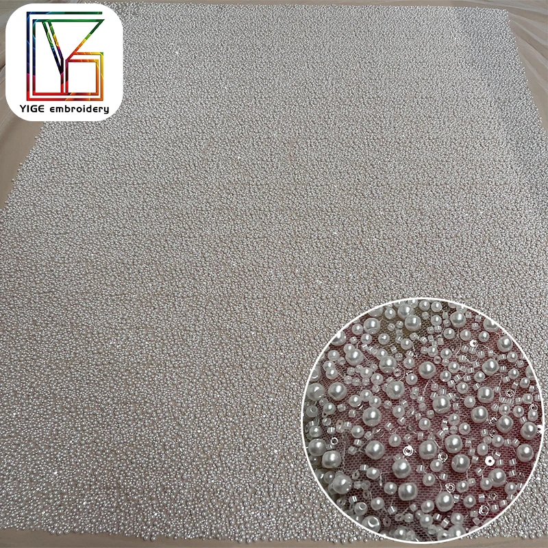 luxury white hand beaded fabric wedding tulle high density pearl lace bridal Beads sequin lace fabric