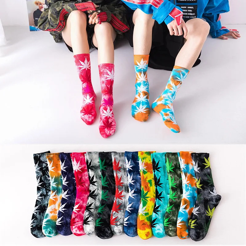 High Quality Athletic Maple Leaf Fashion Cotton Weed Leaf Women Tie Dye Socks